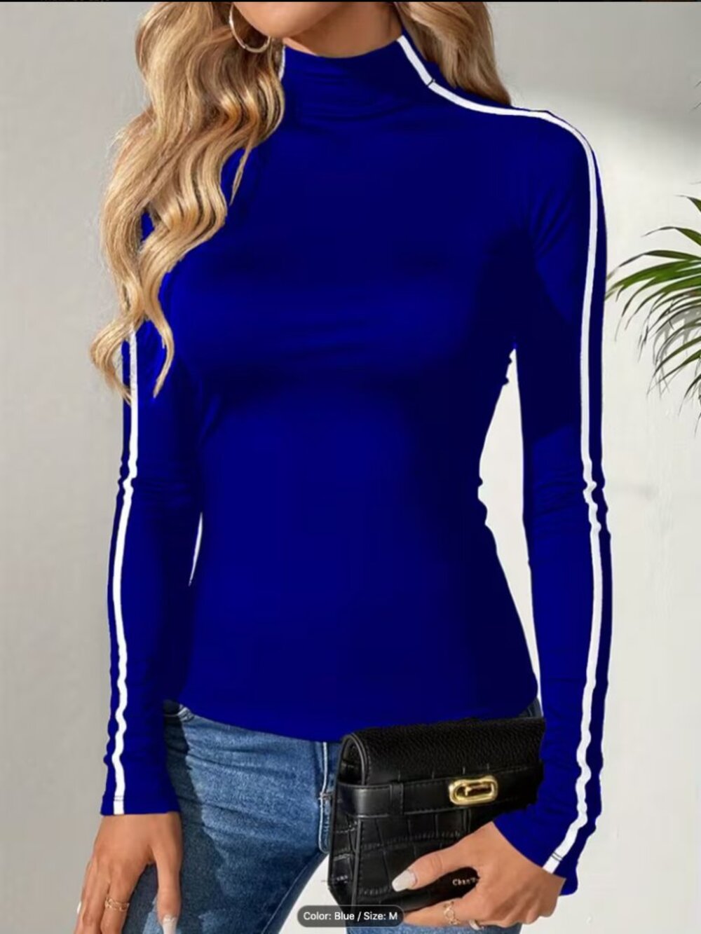 royal blue top with striped sleeve - lightweight fall top